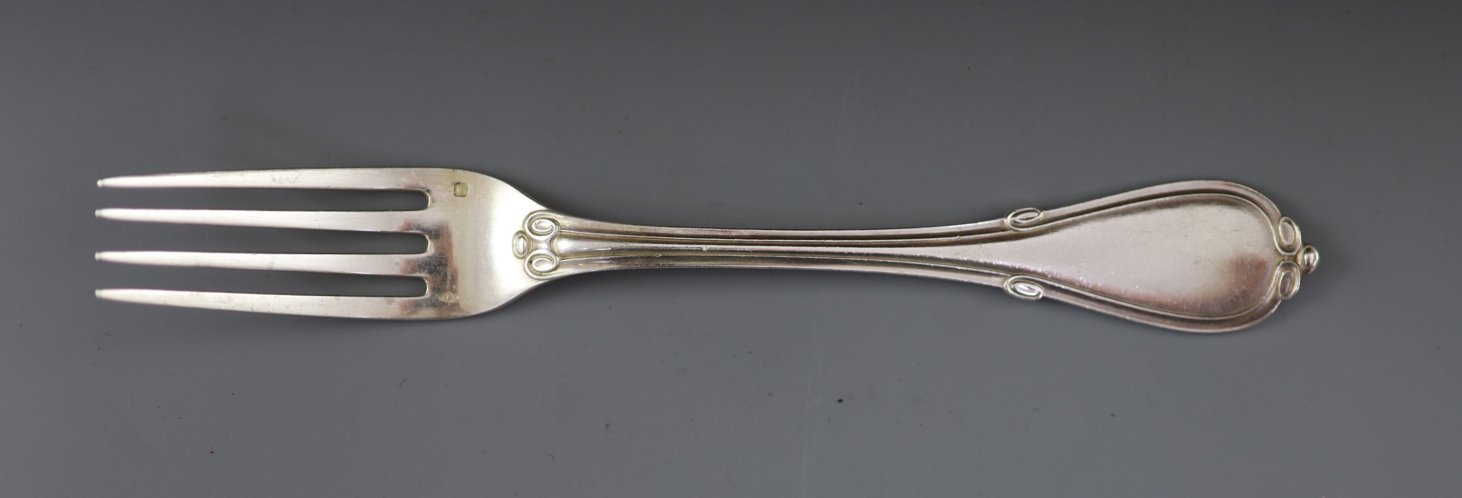 A late 19th century French canteen of silver 950 standard cutlery, in a brass mounted oak canteen, by Prevost Recipon & Cie (Maison Odiot)